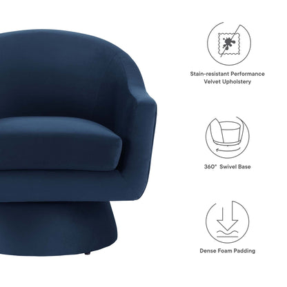 Astral Performance Velvet Swivel Chair navy velvet with curved back and wood base on Tampa Home & Garden Store