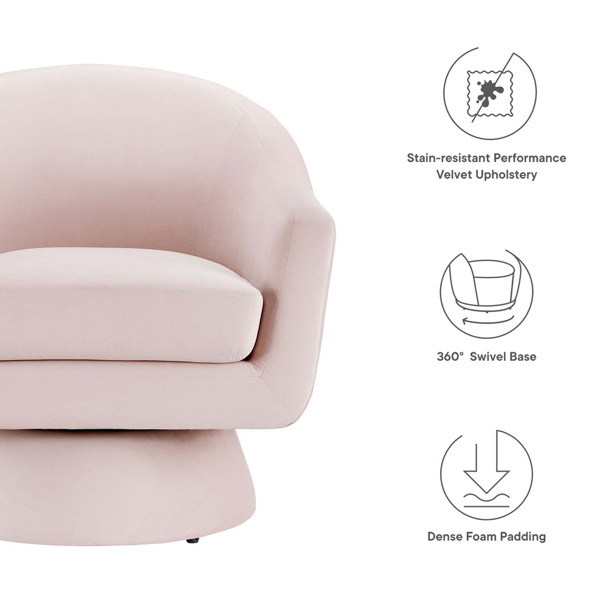 Astral Performance Velvet Swivel Chair in blush pink with wood base on Tampa Home & Garden Store