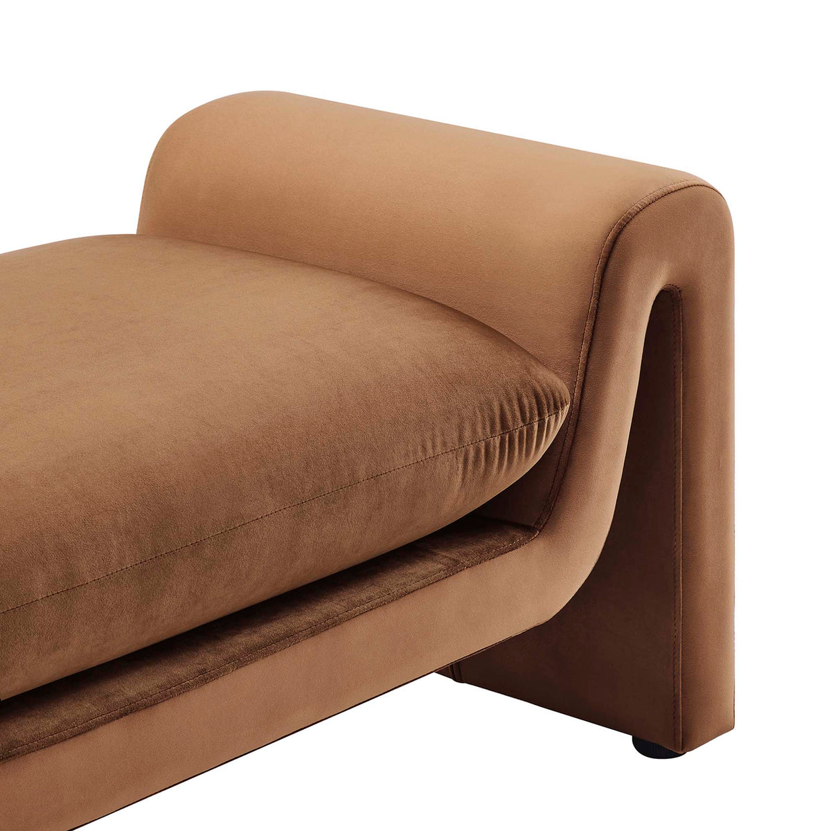 Waverly Performance Velvet Bench in tan velvet with curved arm and stitched seams by HouseOfZazla on Tampa Home & Garden Store