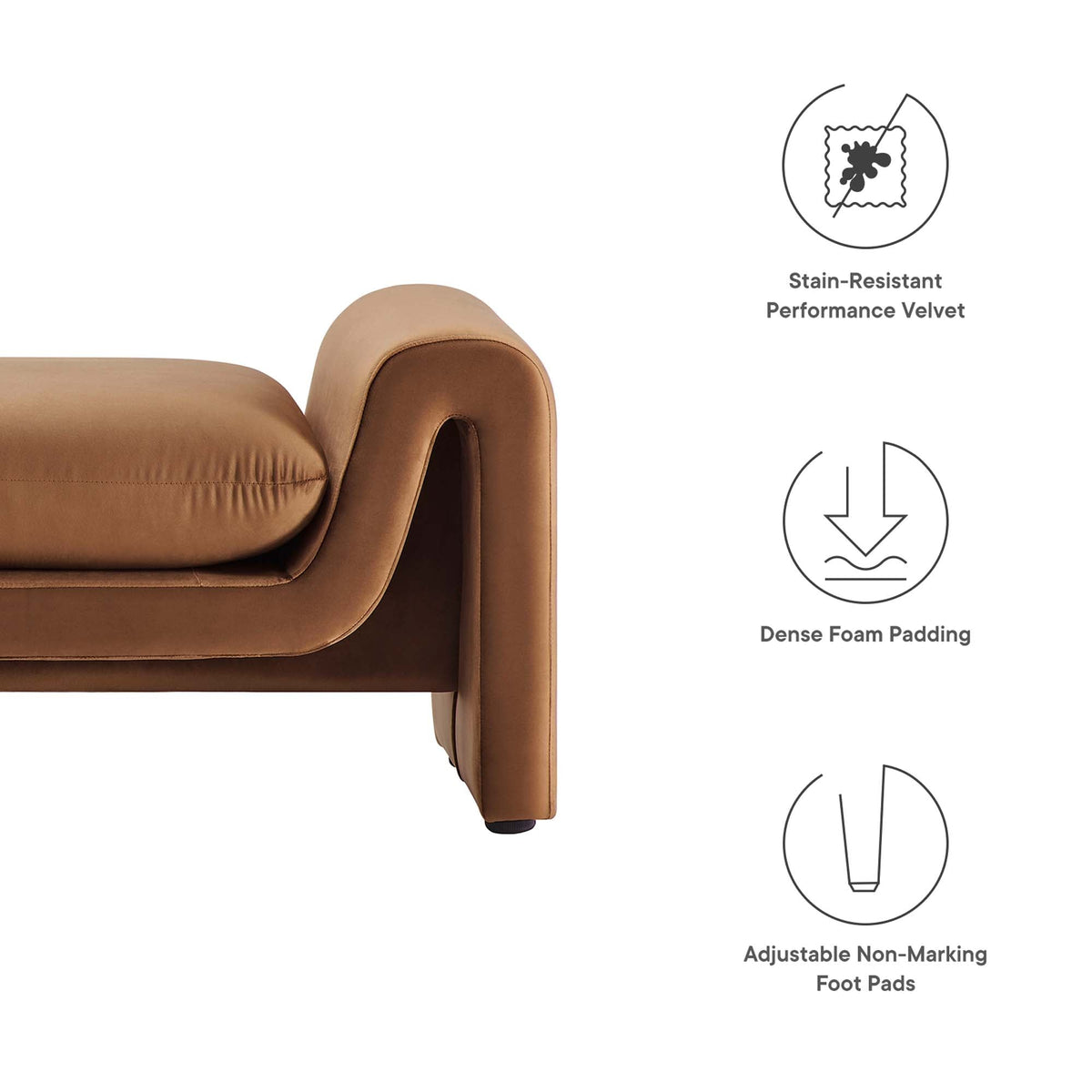 Waverly Performance Velvet Bench tan brown velvet, dense foam padding by Modway on Tampa Home & Garden Store