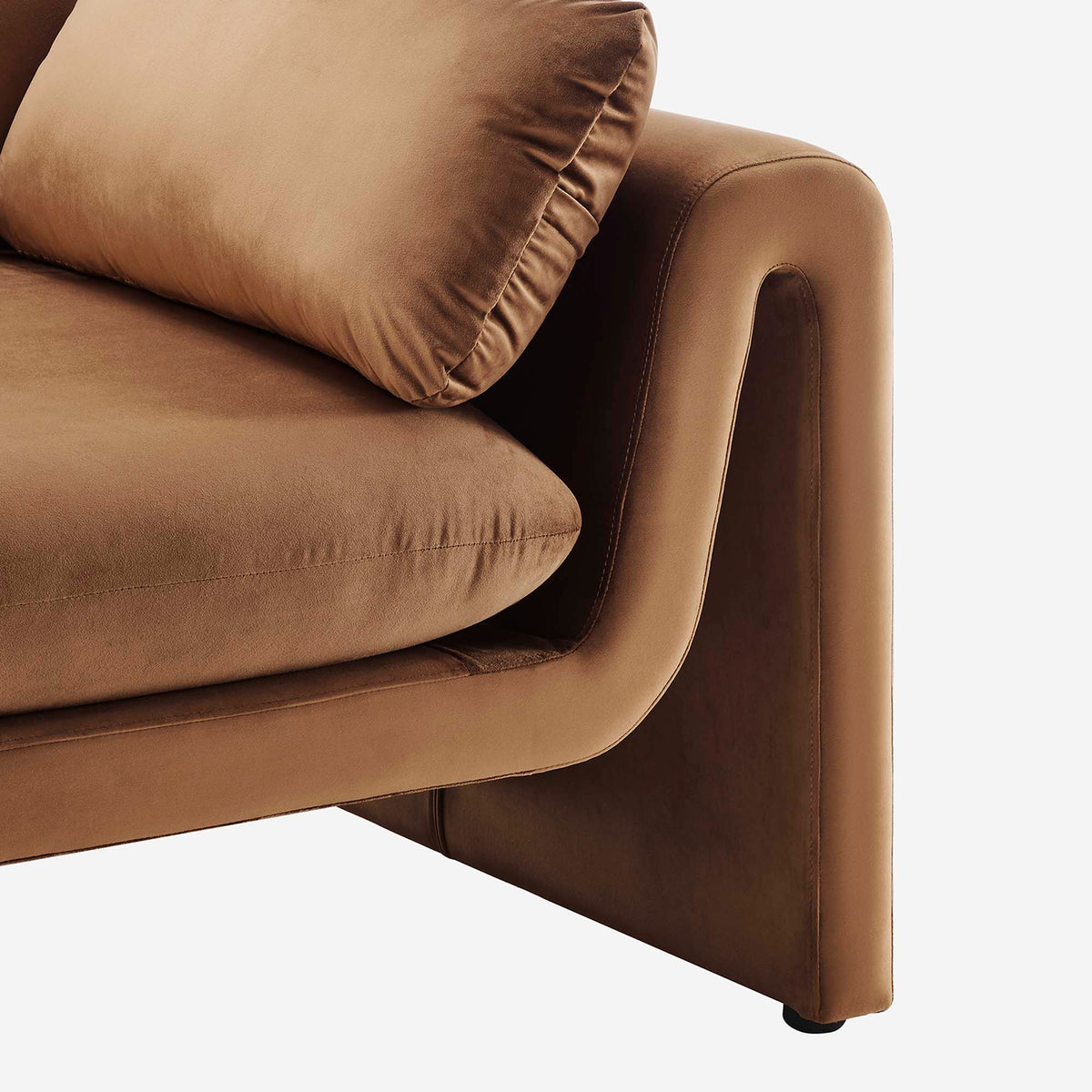 Waverly Performance Velvet Sofa close-up of tan velvet upholstery and curved arm on Tampa Home & Garden Store