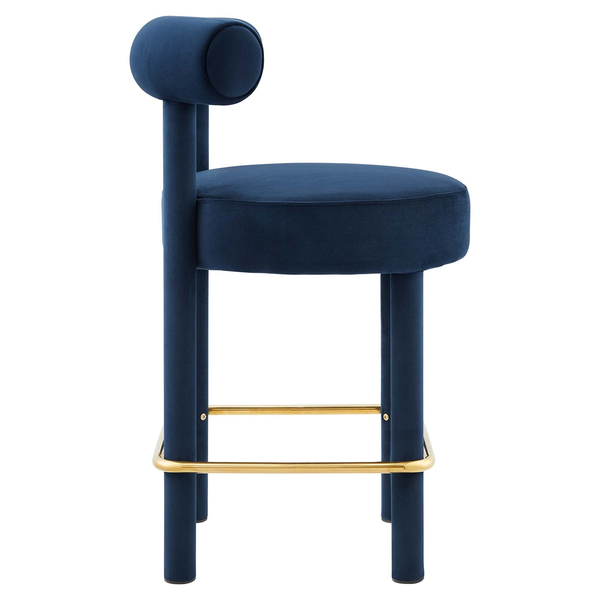 Toulouse Performance Velvet Counter Stool blue with cylindrical backrest and gold footrest on Tampa Home & Garden Store