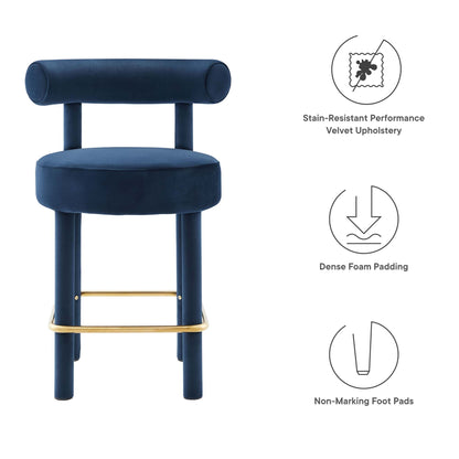 Blue Toulouse Velvet Counter Stool with cylindrical backrest and gold foot rail by Modway on Tampa Home & Garden Store