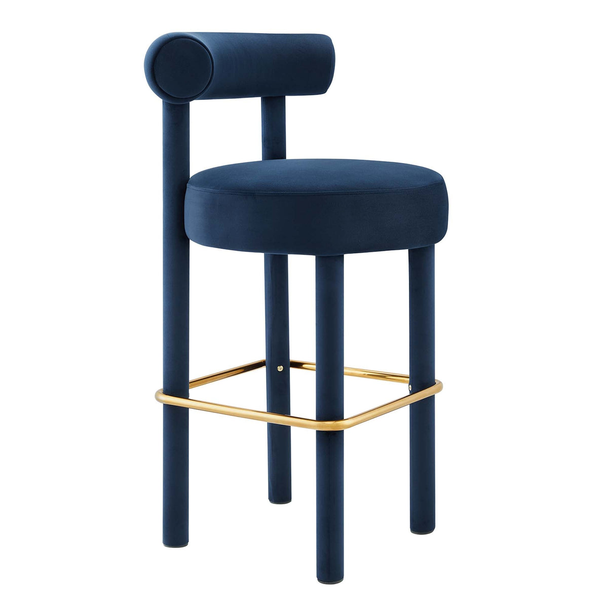 Toulouse Performance Velvet Bar Stool by Modway, navy velvet seat, round back, gold footrest on Tampa Home & Garden Store