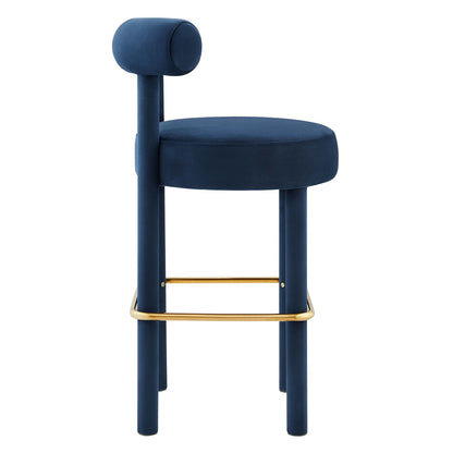 Toulouse Velvet Bar Stool, blue velvet upholstery with gold footrest by Modway on Tampa Home & Garden Store