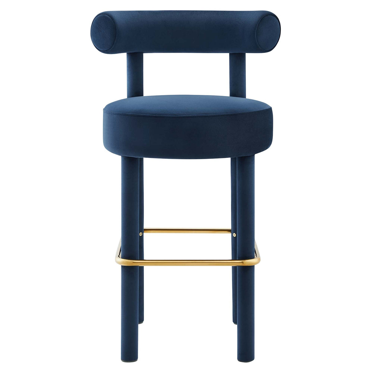 Toulouse Velvet Bar Stool navy blue velvet with cylindrical backrest and gold footrest on Tampa Home & Garden Store