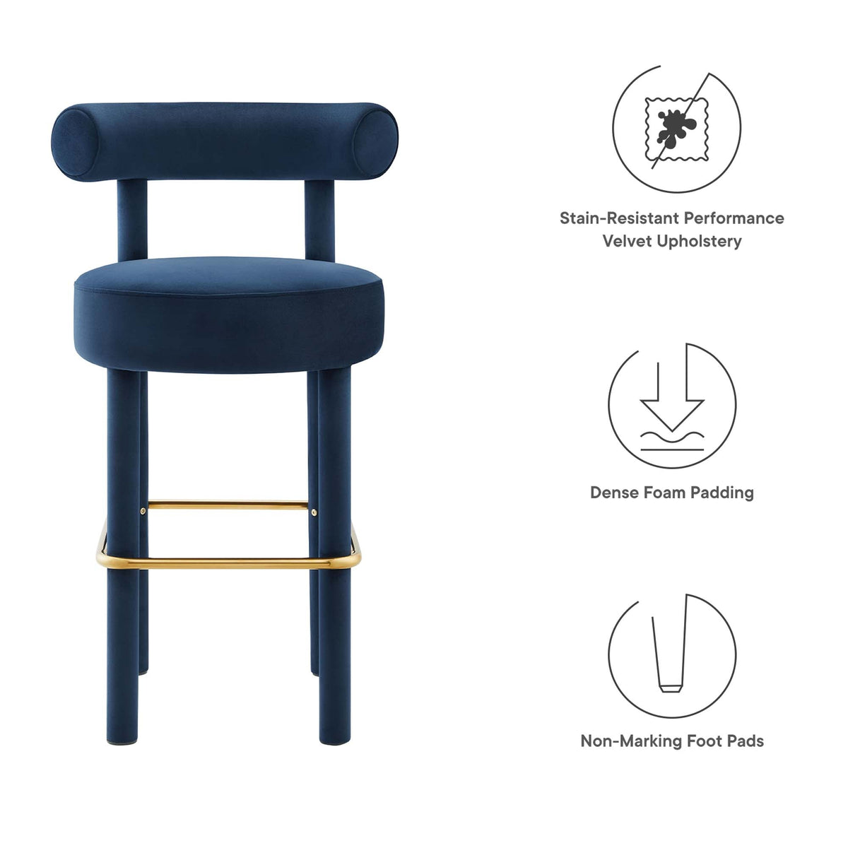 Toulouse Performance Velvet Bar Stool in navy blue velvet with gold footrest on Tampa Home & Garden Store