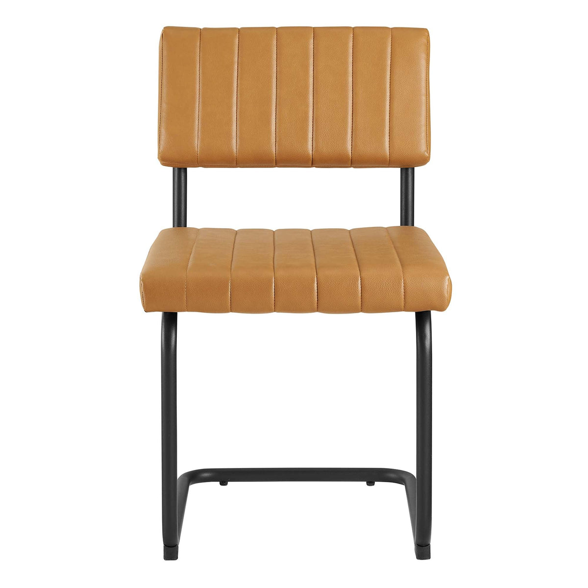 Parity Vegan Leather Dining Chairs tan, vertical channel stitching, set of 2, black legs on Tampa Home & Garden Store