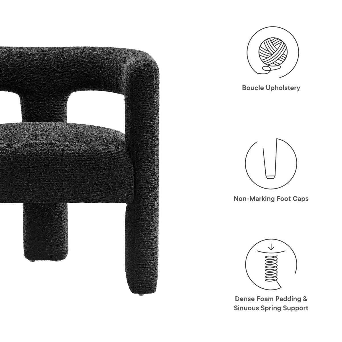 Kayla Boucle Upholstered Armchair in black boucle fabric with rounded arms on Tampa Home & Garden Store