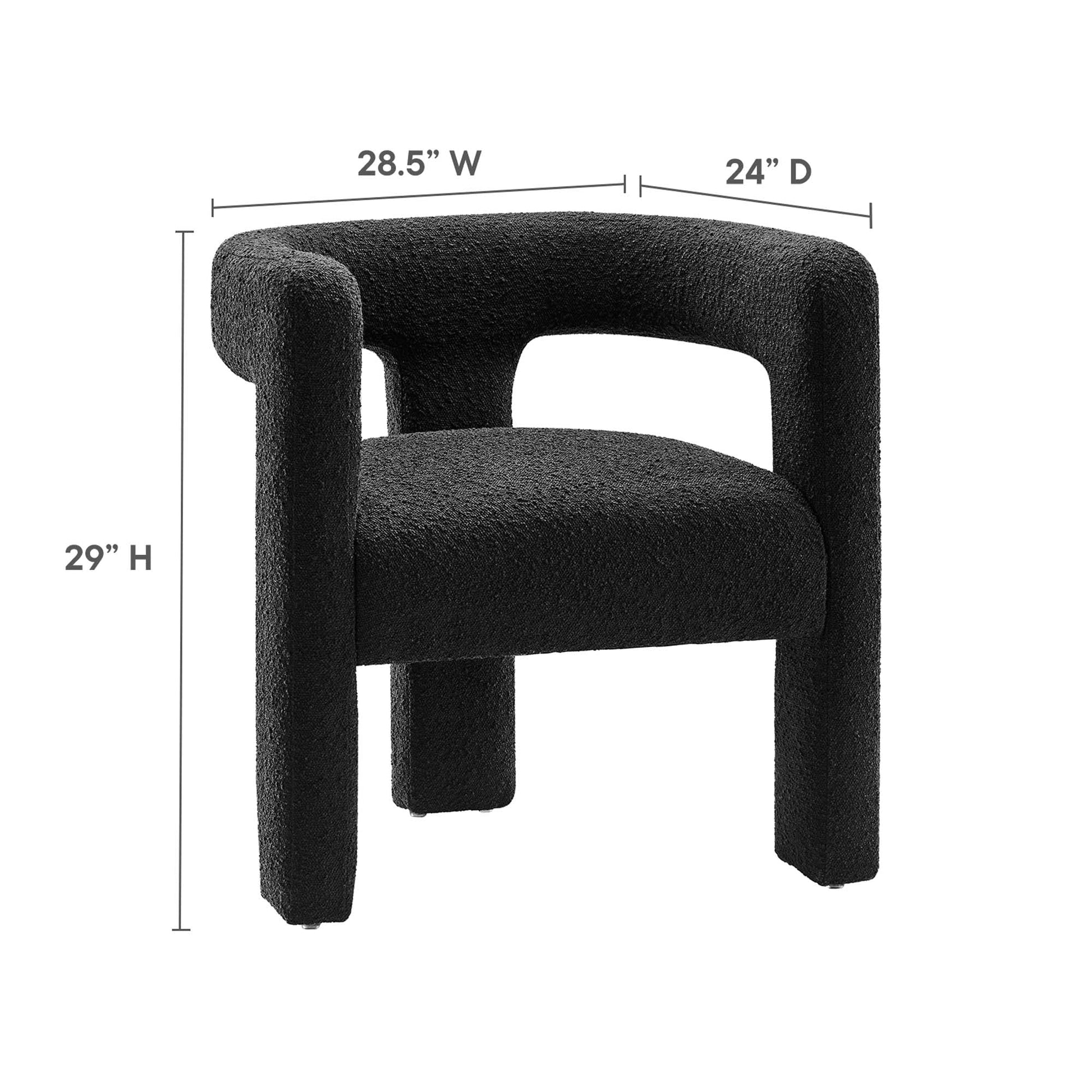 Kayla Boucle Upholstered Armchair in black boucle with curved arms, 28.5W x 24D x 29H on Tampa Home & Garden Store