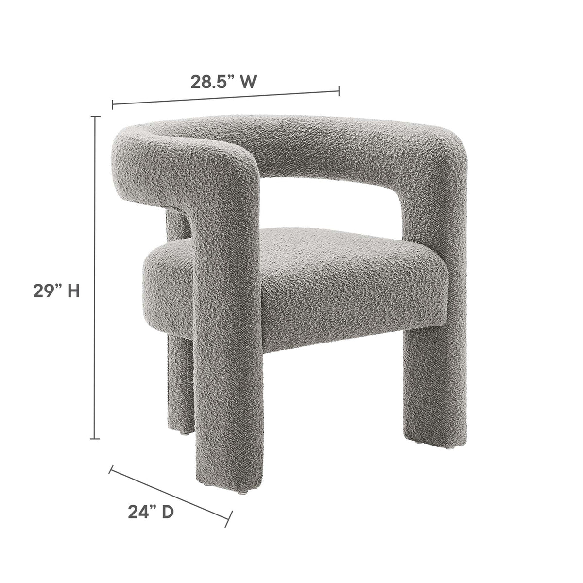 Kayla Boucle Upholstered Armchair, gray boucle fabric, curved arms, accent chair on Tampa Home & Garden Store