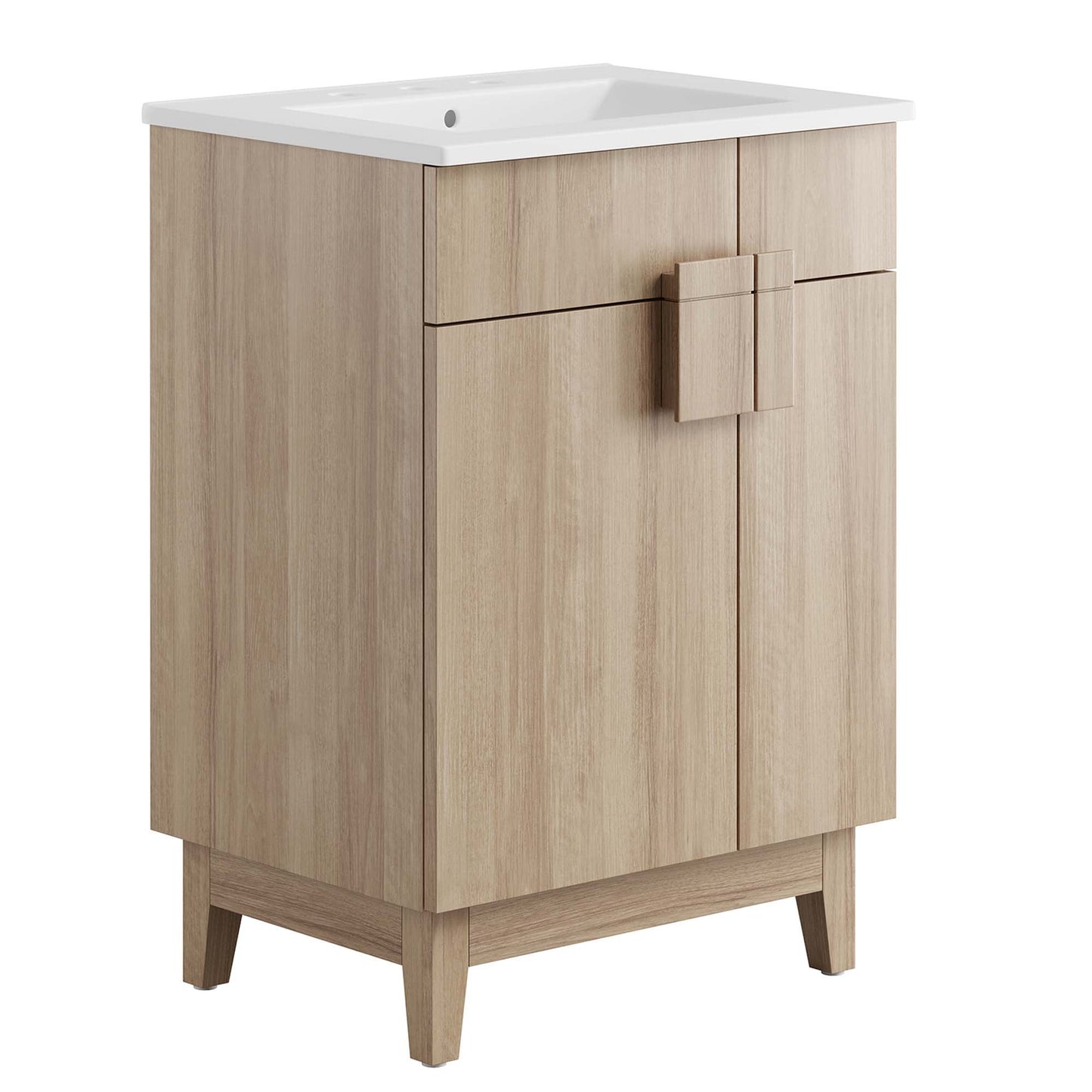 Miles 24in bathroom vanity with white countertop, two-door light oak cabinet on Tampa Home & Garden Store