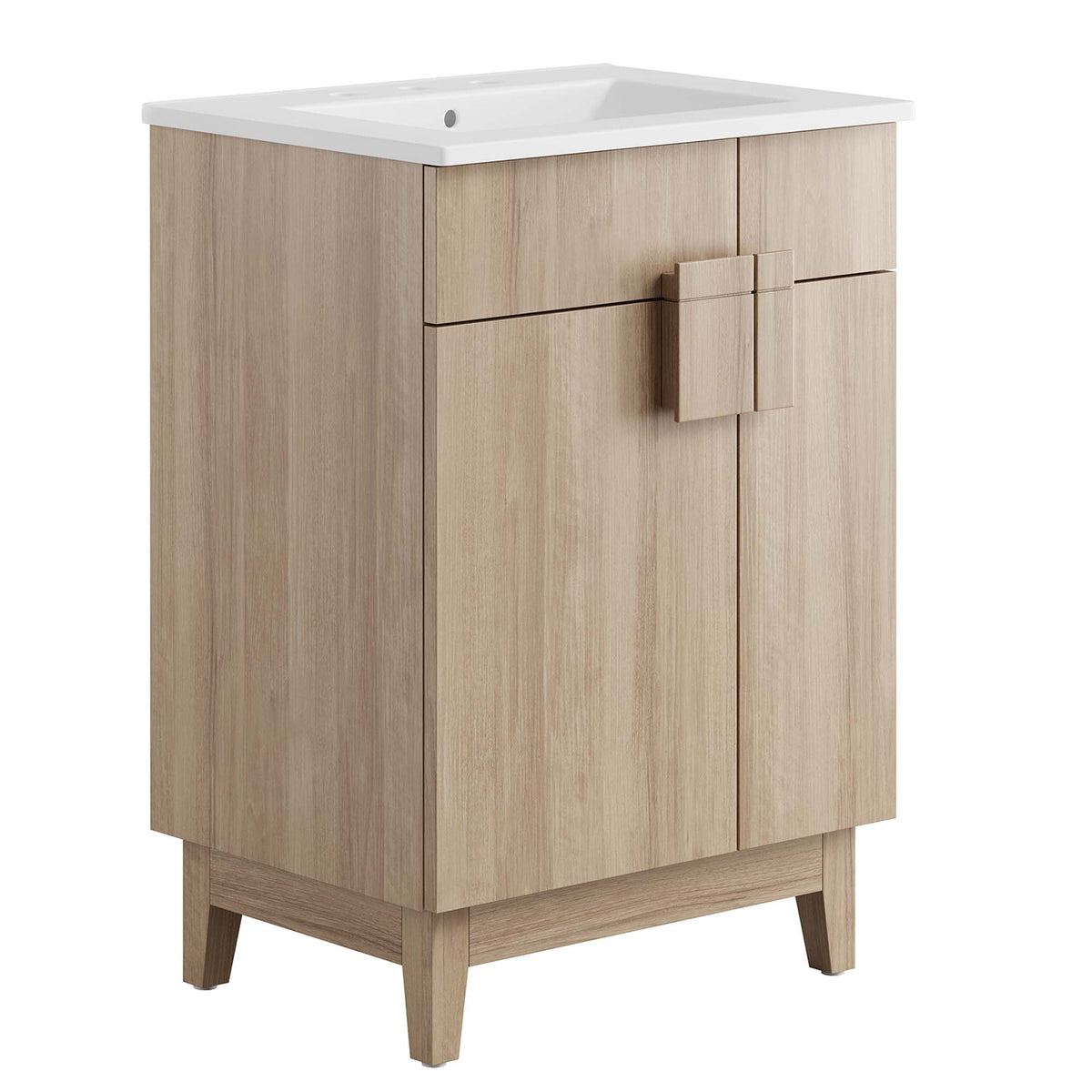 Miles 24in bathroom vanity with white countertop, two-door light oak cabinet on Tampa Home & Garden Store