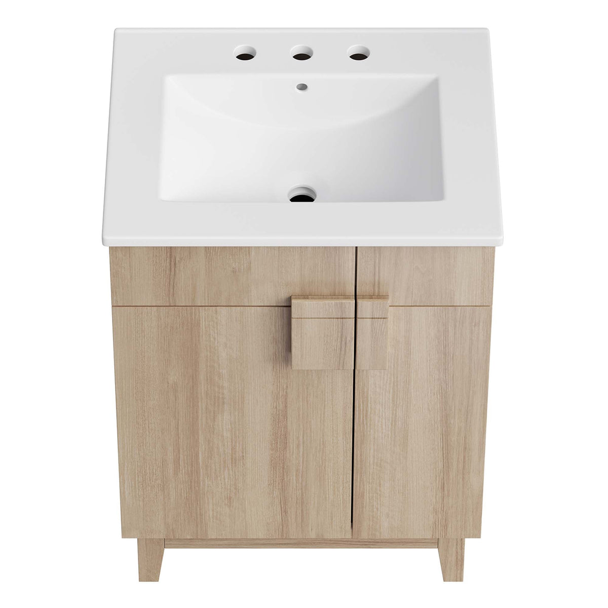 Miles 24in bathroom vanity by Modway with white sink, three faucet holes, light oak cabinet on Tampa Home & Garden Store