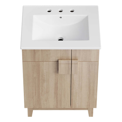 Miles 24in bathroom vanity by Modway with white sink, three faucet holes, light oak cabinet on Tampa Home & Garden Store