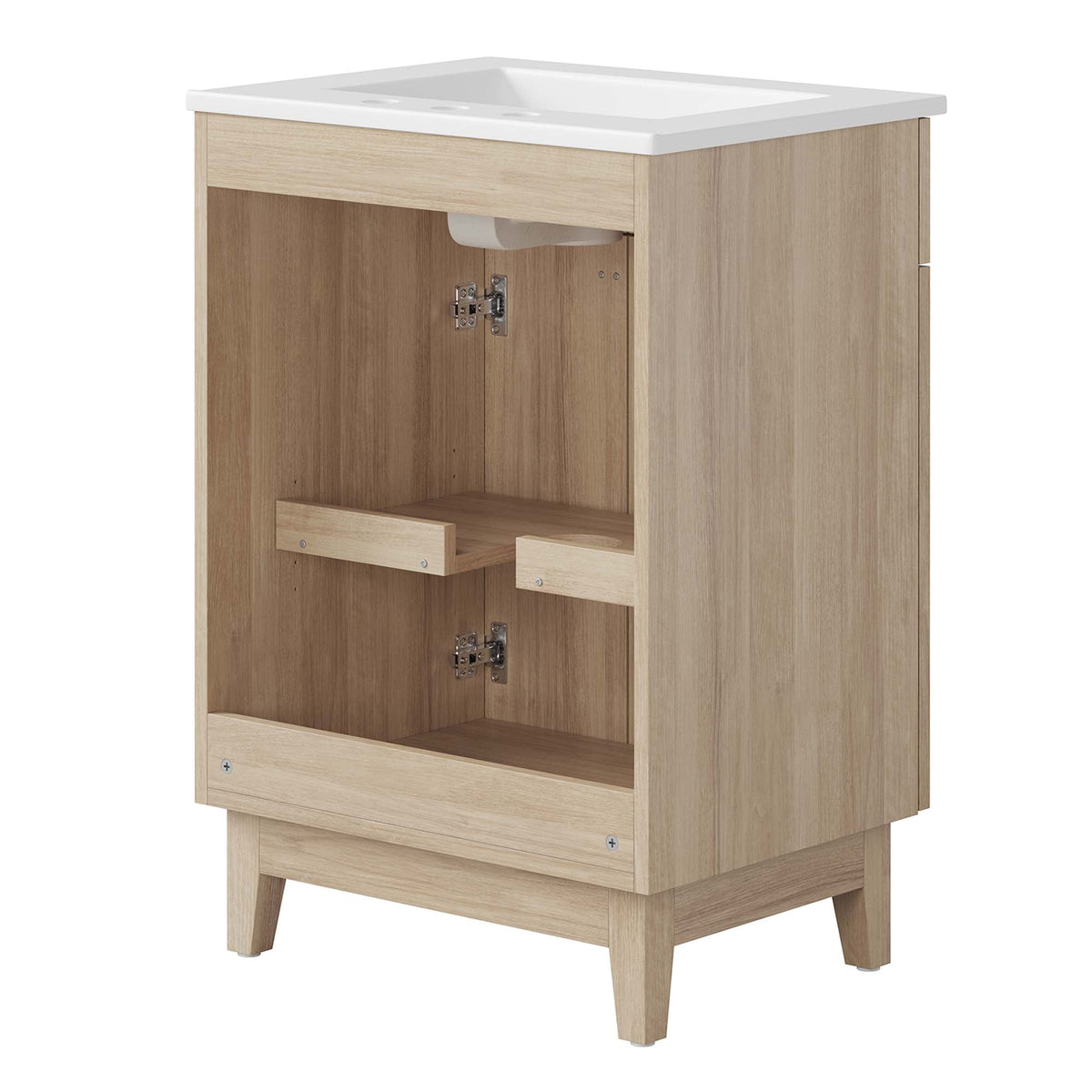 Miles 24in bathroom vanity by Modway, light wood cabinet with white countertop and open shelf on Tampa Home & Garden Store