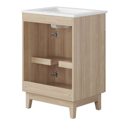 Miles 24in bathroom vanity by Modway, light wood cabinet with white countertop and open shelf on Tampa Home & Garden Store