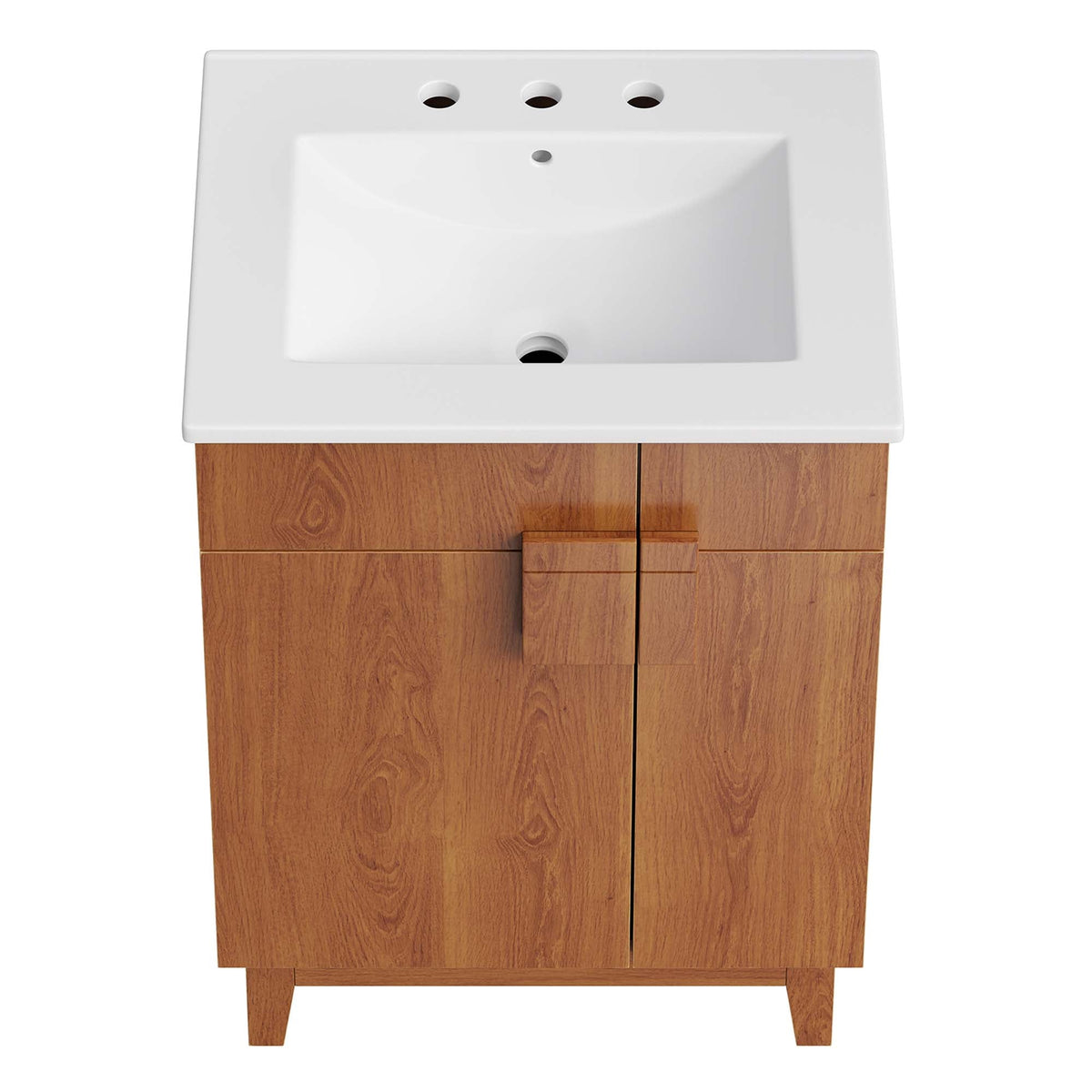 Miles 24in bathroom vanity with white integrated sink atop warm wood cabinet by Modway on Tampa Home & Garden Store