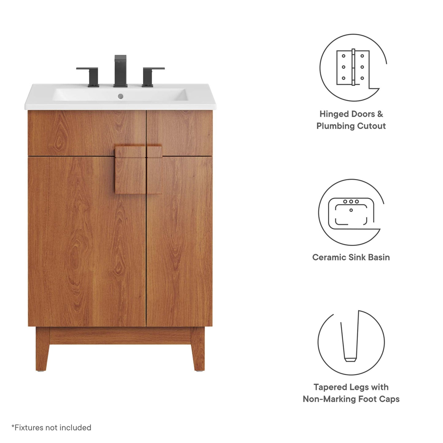 Miles 24in bathroom vanity with white ceramic sink atop a two-door oak wood cabinet on Tampa Home & Garden Store