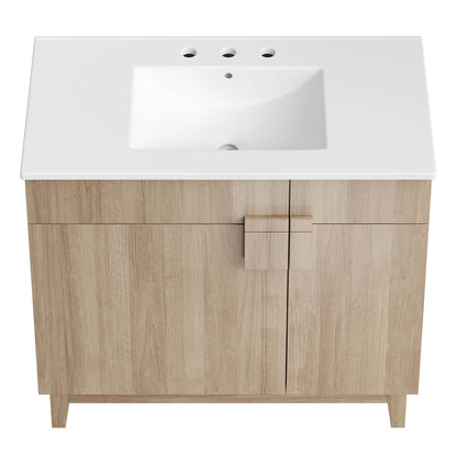 Miles 36-inch bathroom vanity with white countertop and natural oak base with 3 faucet holes on Tampa Home & Garden Store