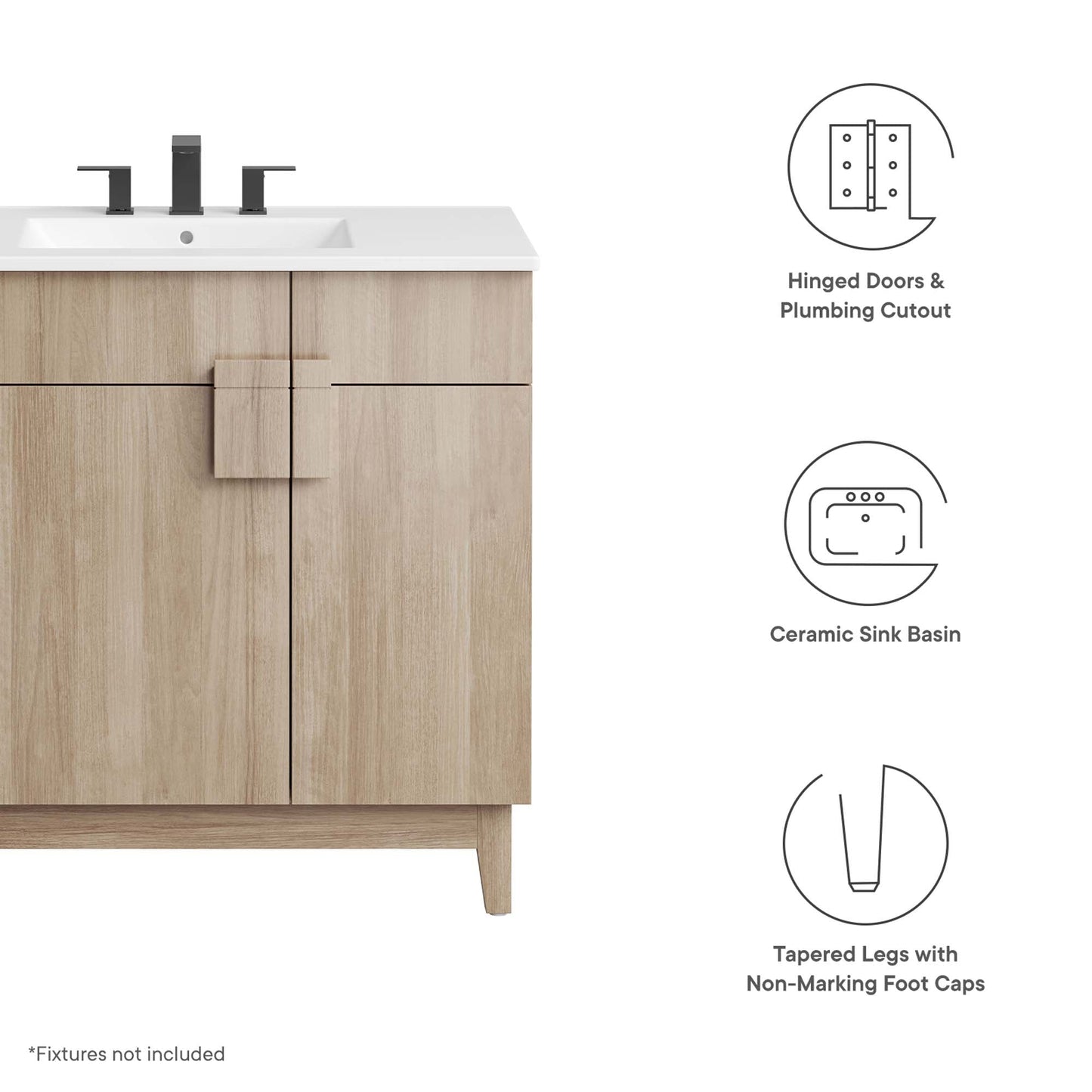 Miles 36in vanity with white countertop and sink and black faucet on light wood base on Tampa Home & Garden Store
