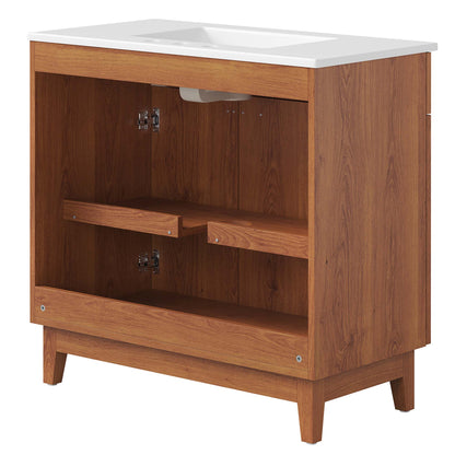 Miles 36in Bathroom Vanity by Modway, white countertop over warm wood cabinet with doors on Tampa Home & Garden Store
