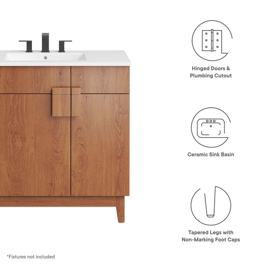 Miles 36-inch bathroom vanity by Modway with oak wood cabinet, white countertop, and black faucet on Tampa Home & Garden Store