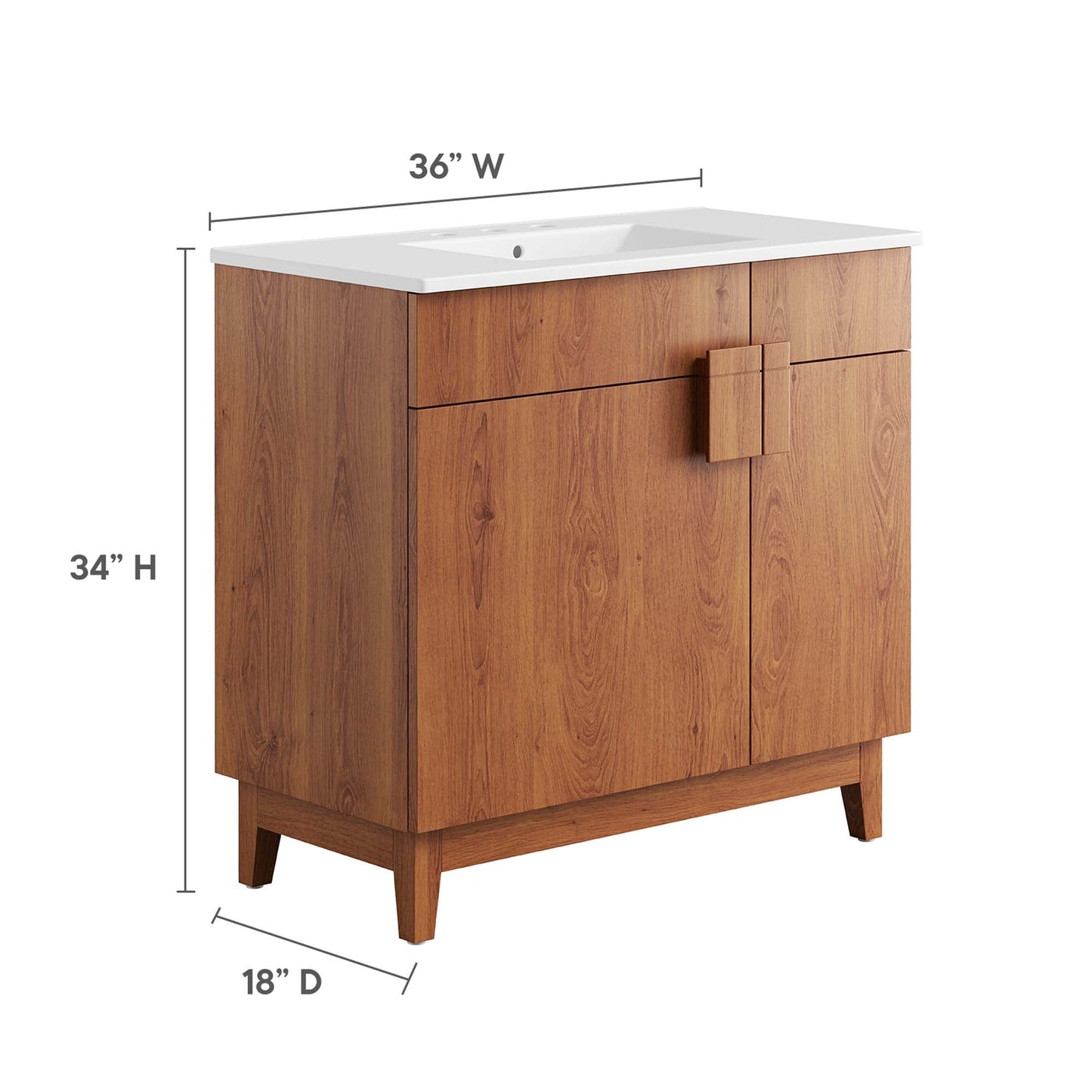 Miles 36in bathroom vanity by Modway with white countertop and sink, warm wood cabinet on Tampa Home & Garden Store