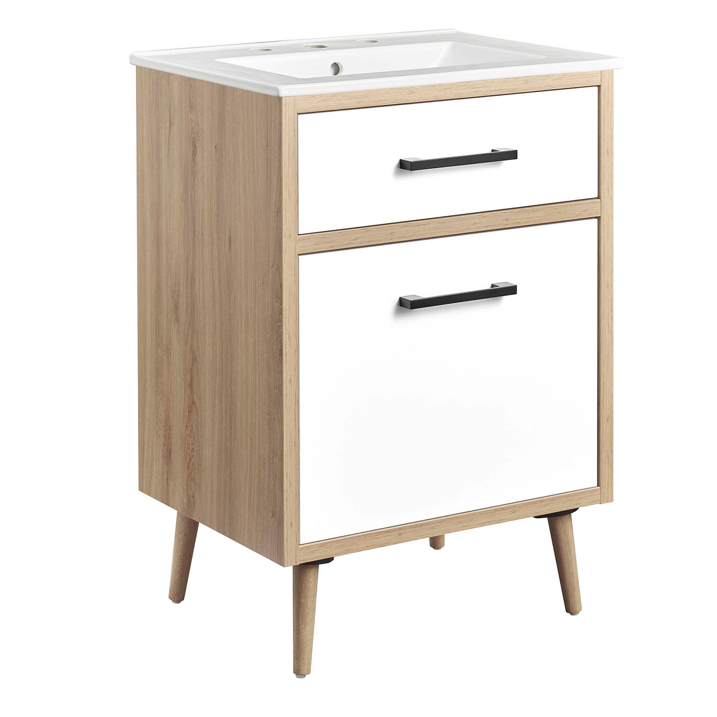 Maverick 24in bathroom vanity oak frame white drawer fronts black bar pulls midcentury legs on Tampa Home & Garden Store