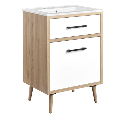 Maverick 24in bathroom vanity oak frame white drawer fronts black bar pulls midcentury legs on Tampa Home & Garden Store