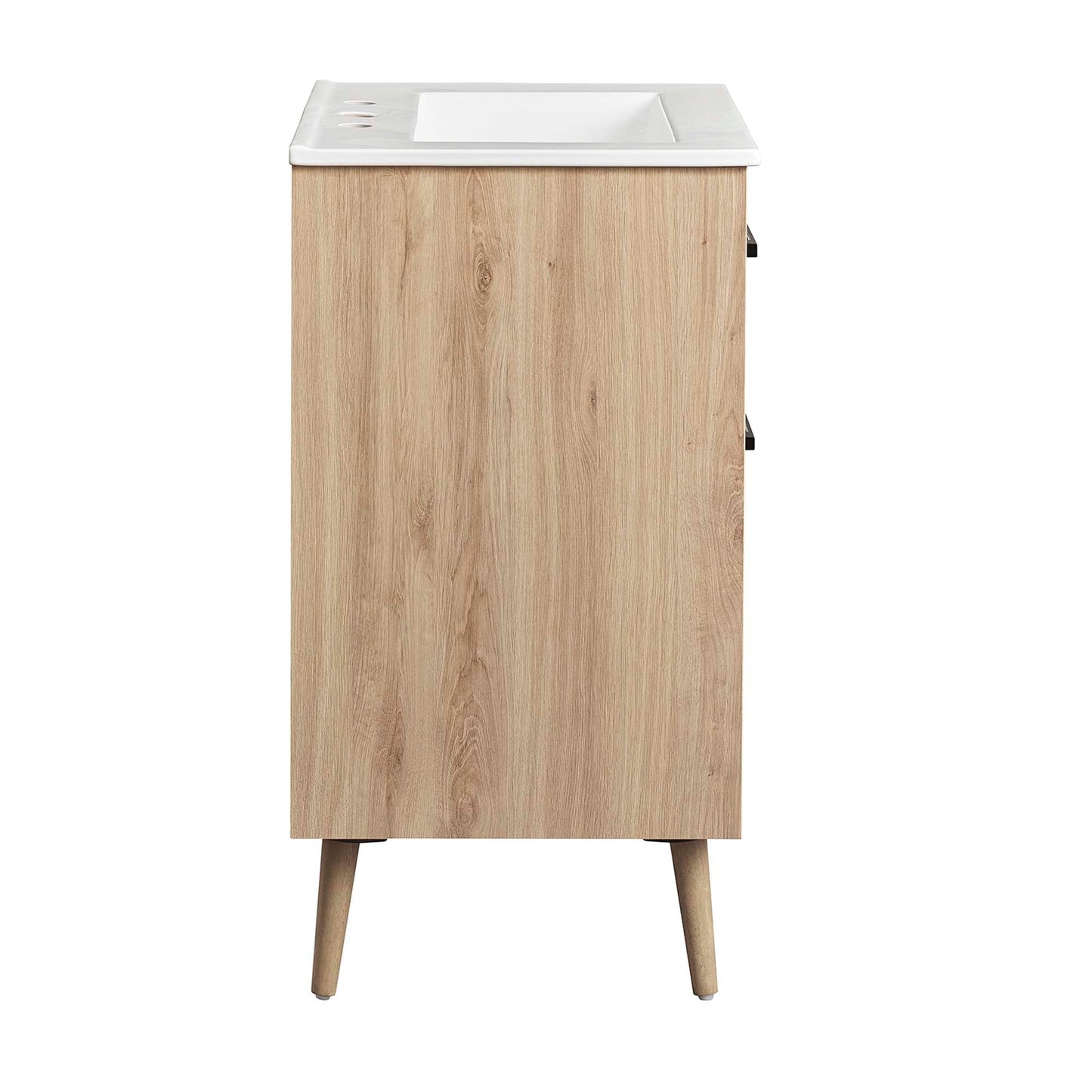 Maverick 24in bathroom vanity with white sink atop oak wood cabinet and angled legs on Tampa Home & Garden Store