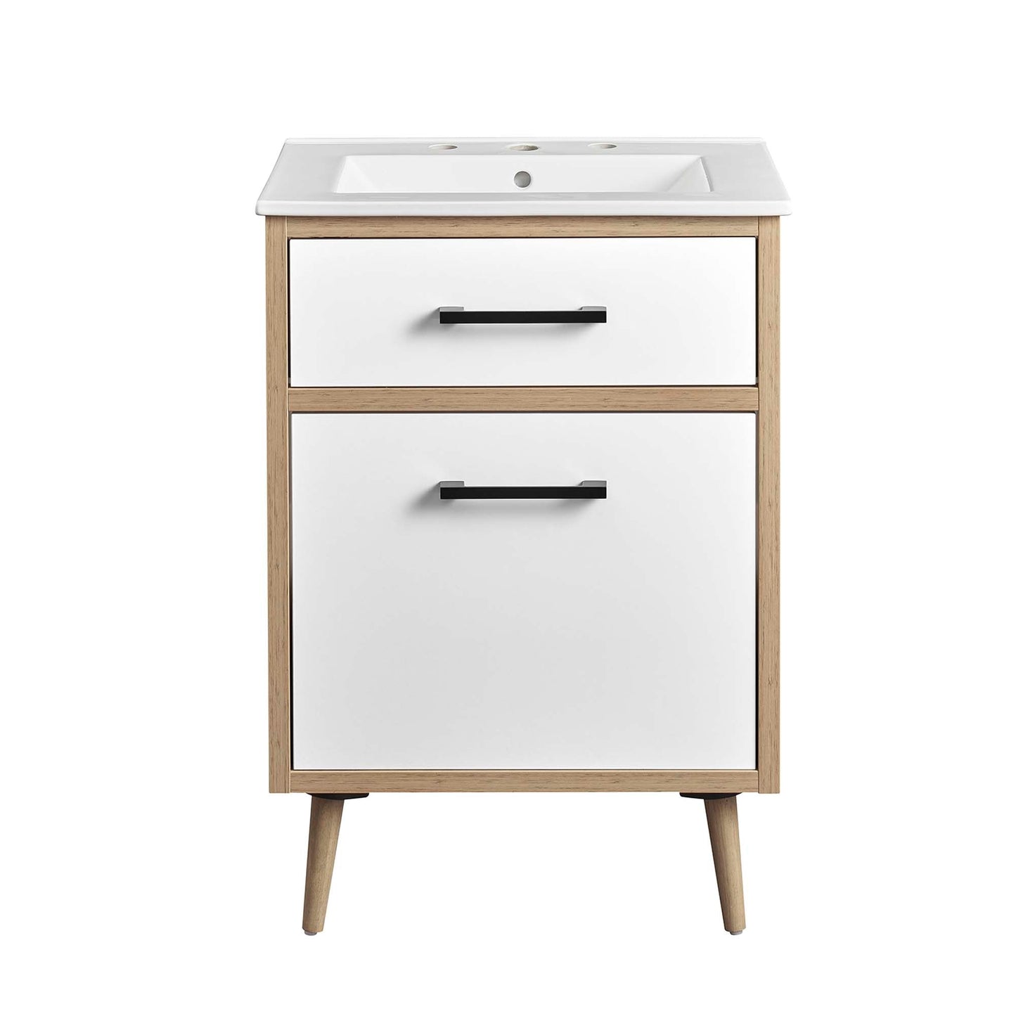 Maverick 24in bathroom vanity with white cabinet drawers and natural oak frame on Tampa Home & Garden Store