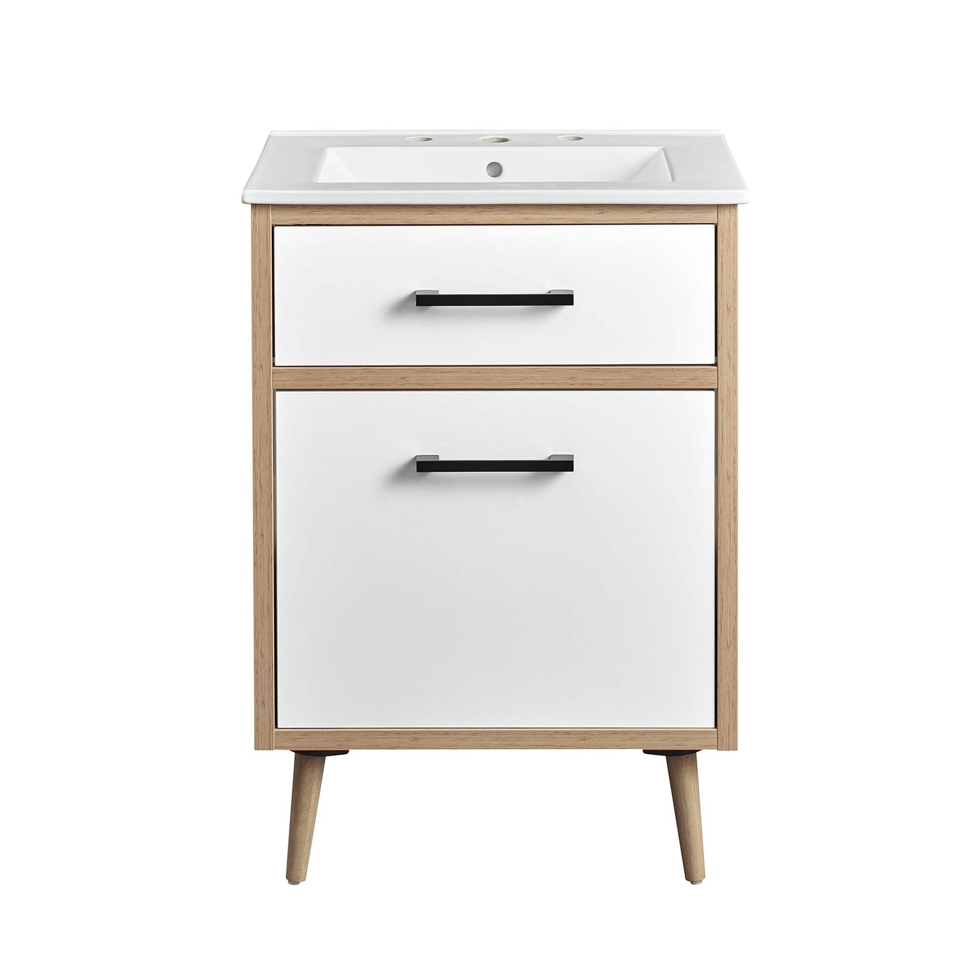 Maverick 24in bathroom vanity with white cabinet drawers and natural oak frame on Tampa Home & Garden Store
