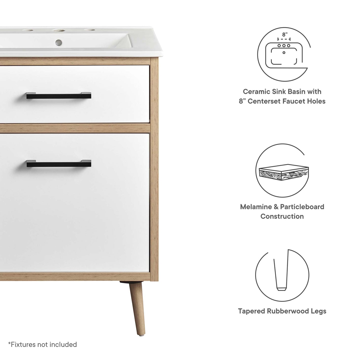 Maverick 24-inch bathroom vanity by Modway with white drawers, natural wood frame and sink top on Tampa Home & Garden Store
