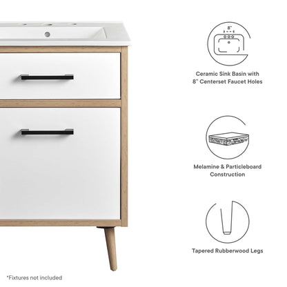 Maverick 24-inch bathroom vanity by Modway with white drawers, natural wood frame and sink top on Tampa Home & Garden Store