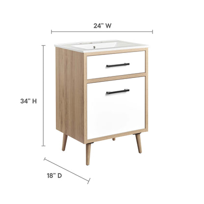 Maverick 24in bathroom vanity with natural wood frame, white drawer fronts and black bar pulls on Tampa Home & Garden Store