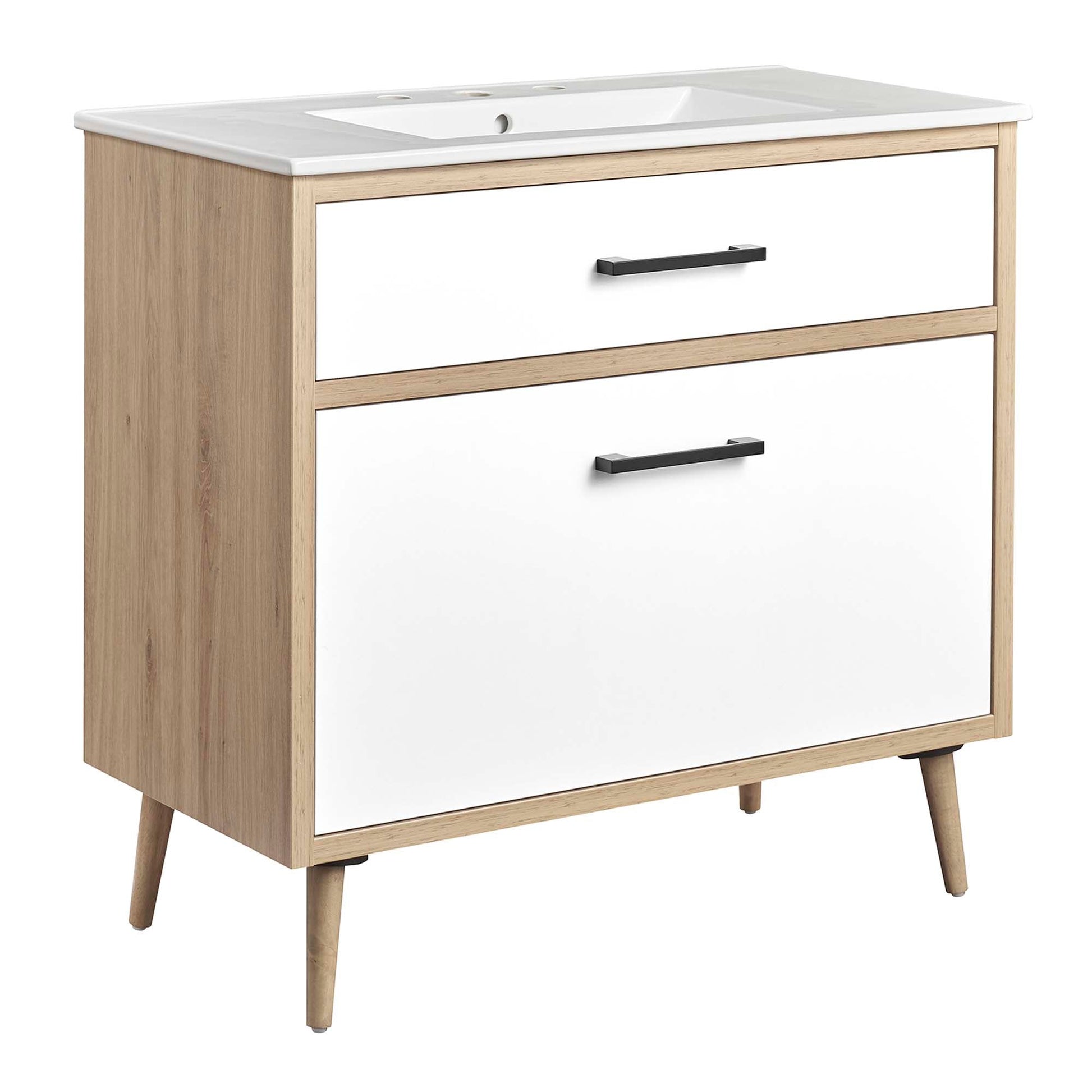 Maverick 36in bathroom vanity with oak frame, white drawers, integrated sink, black handles on Tampa Home & Garden Store