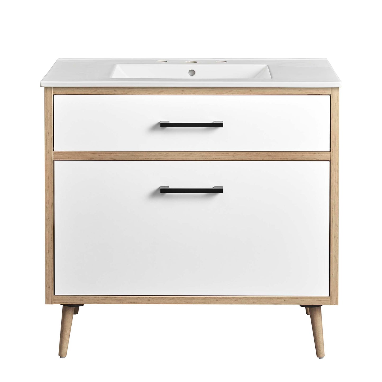Maverick 36in bathroom vanity by Modway with white top, integrated sink, and natural wood frame on Tampa Home & Garden Store