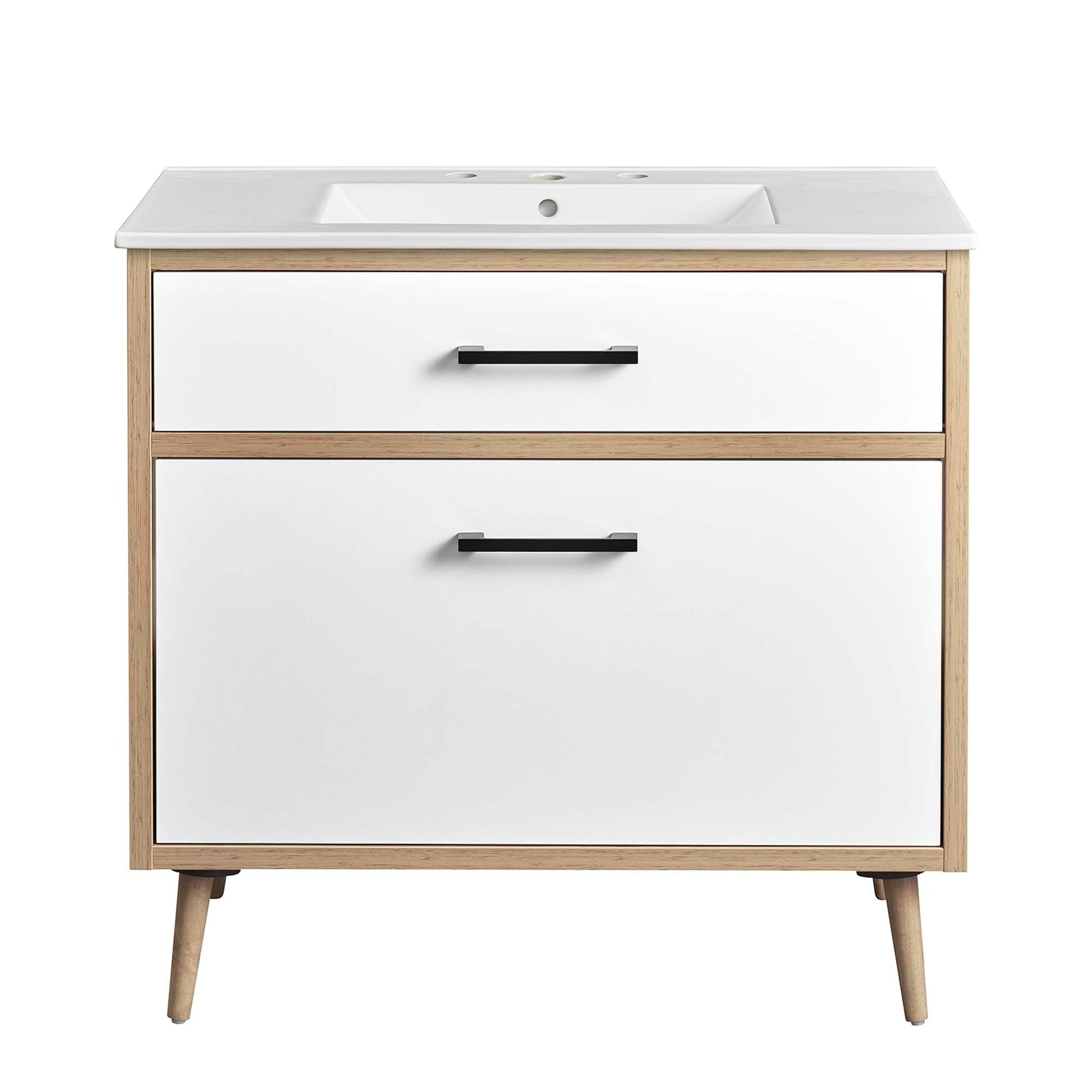 Maverick 36in bathroom vanity by Modway with white top, integrated sink, and natural wood frame on Tampa Home & Garden Store