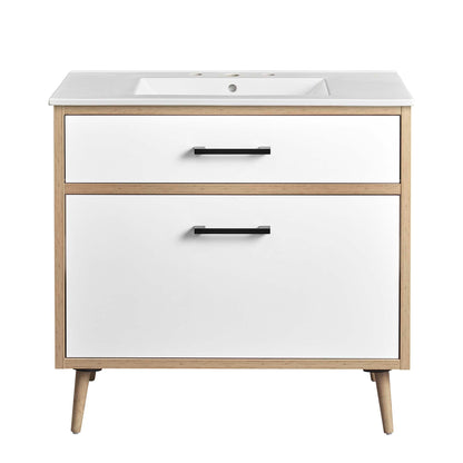 Maverick 36in bathroom vanity by Modway with white top, integrated sink, and natural wood frame on Tampa Home & Garden Store