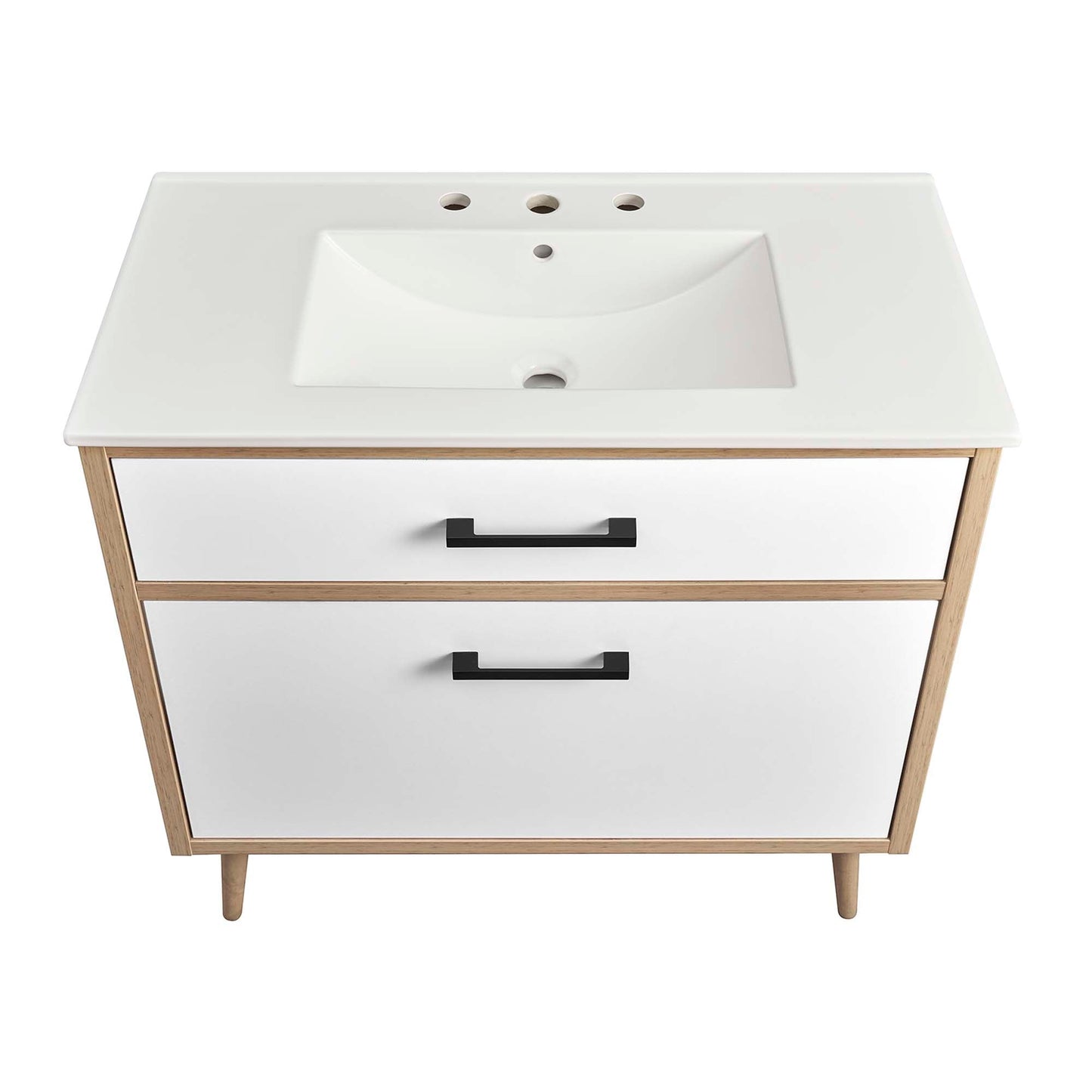 Maverick 36in bathroom vanity with white countertop, built-in sink, wood legs on Tampa Home & Garden Store