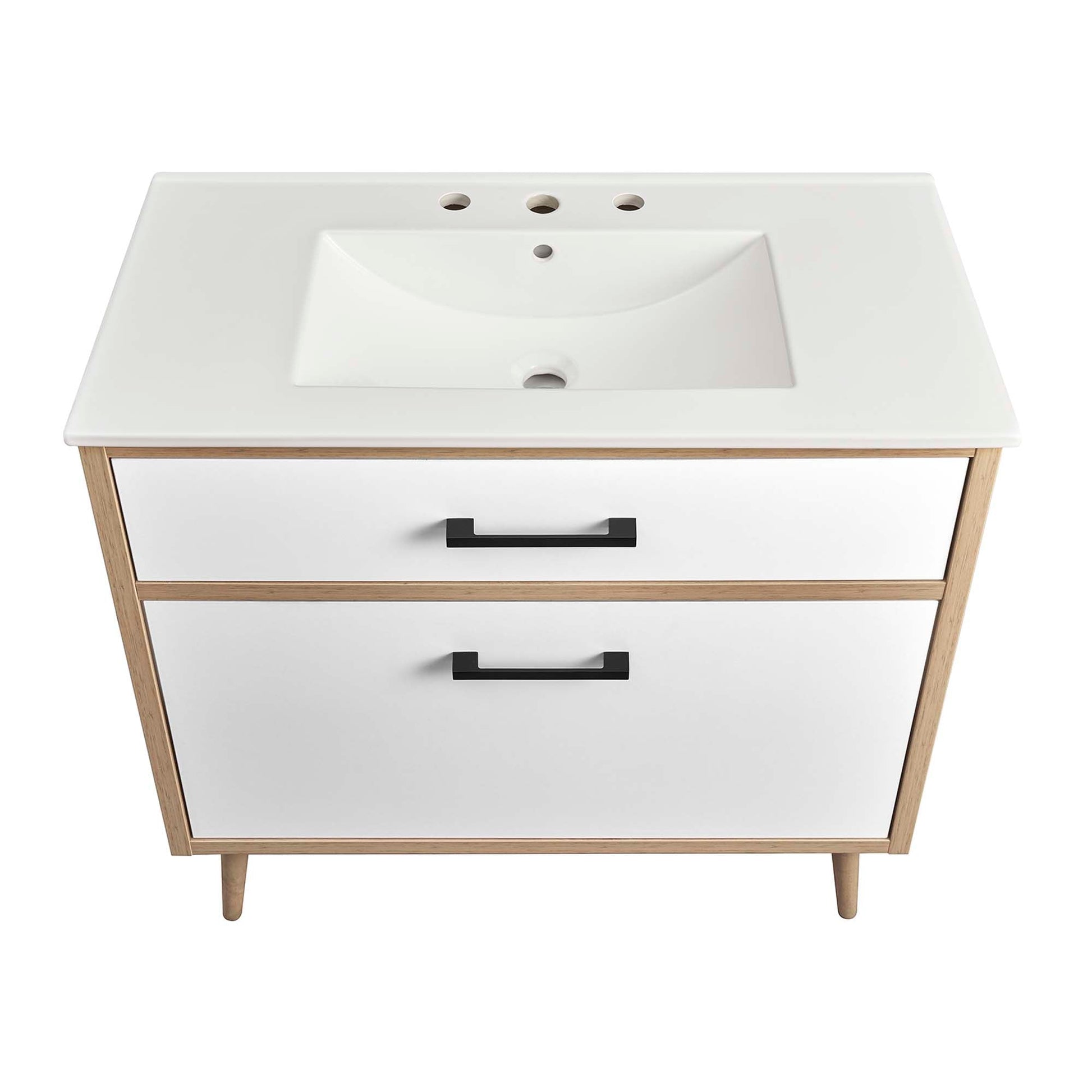 Maverick 36in bathroom vanity with white countertop, built-in sink, wood legs on Tampa Home & Garden Store