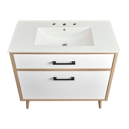 Maverick 36in bathroom vanity with white countertop, built-in sink, wood legs on Tampa Home & Garden Store