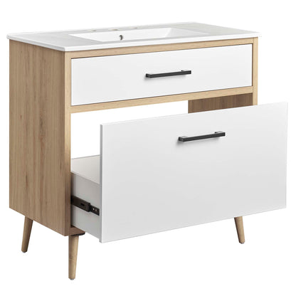 Maverick 36in bathroom vanity by Modway with natural wood frame, white drawers, black bar pulls on Tampa Home & Garden Store