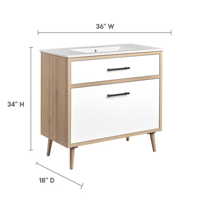 Maverick 36 in bathroom vanity by HouseOfZazla oak frame, white fronts, black bar pulls on Tampa Home & Garden Store