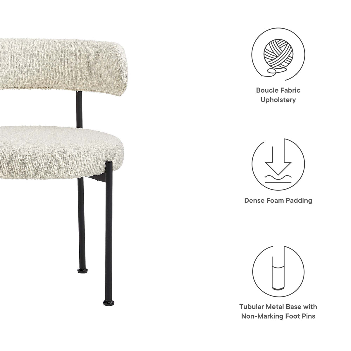 Albie Boucle Fabric Dining Chairs Set of 2 cream boucle upholstery with black metal legs on Tampa Home & Garden Store