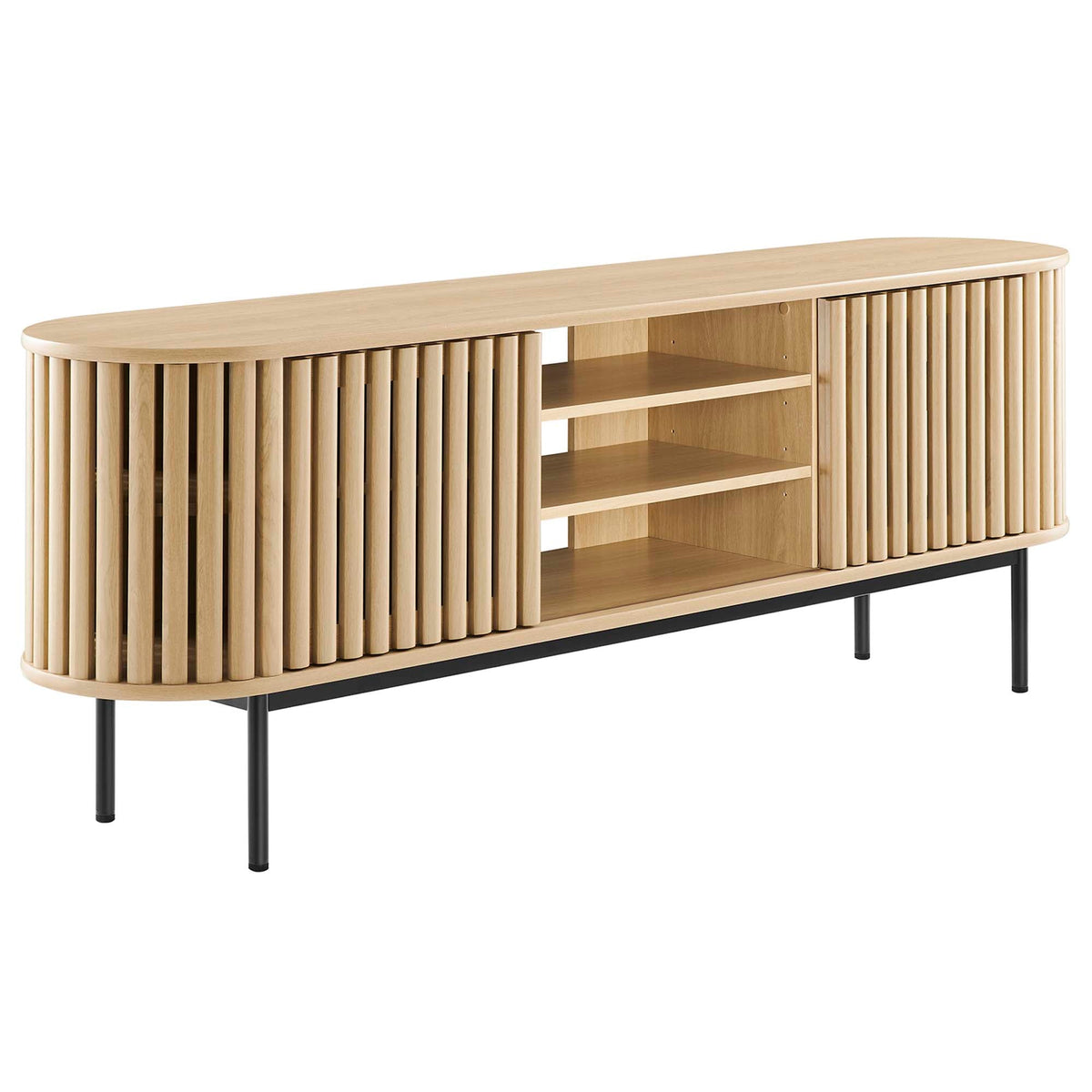 Fortitude 71in TV stand by HouseOfZazla in natural wood with vertical slat sides and shelves on Tampa Home & Garden Store