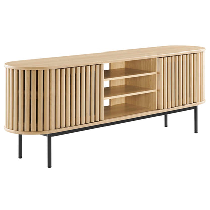 Fortitude 71in TV stand by HouseOfZazla in natural wood with vertical slat sides and shelves on Tampa Home & Garden Store