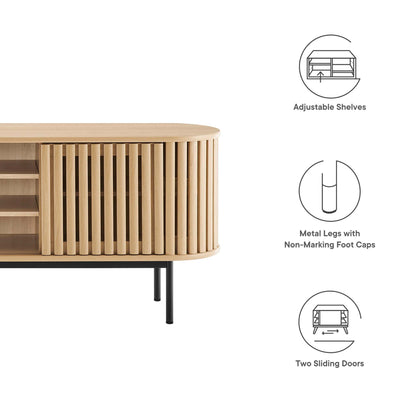 Fortitude 71in TV Stand by Modway, light oak slatted front with black metal legs on Tampa Home & Garden Store