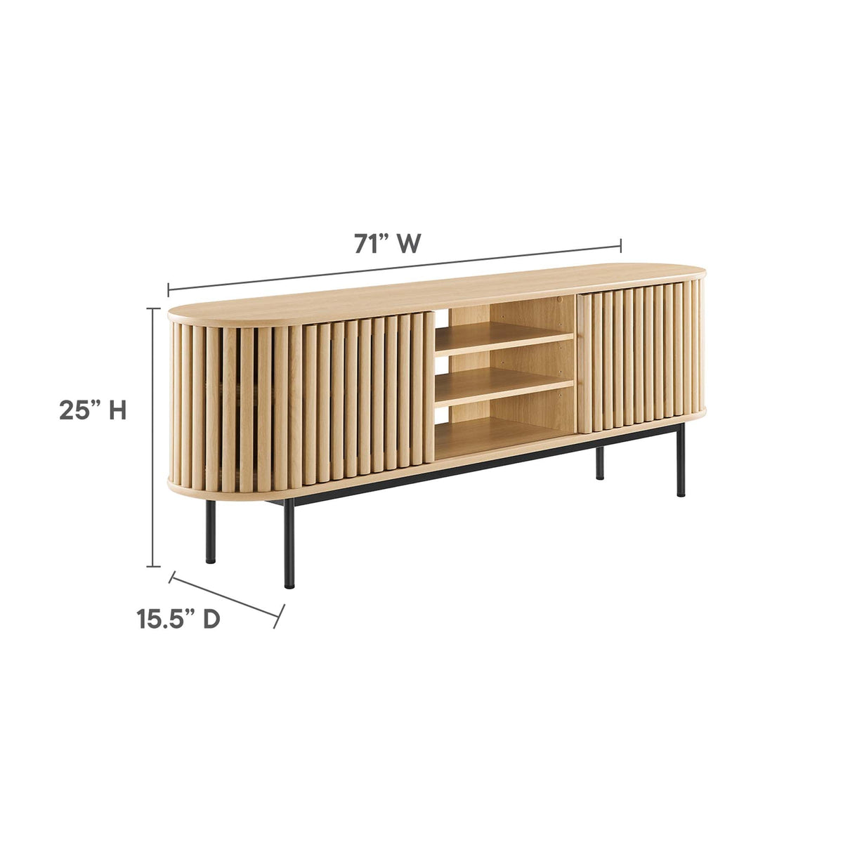 Fortitude 71in TV stand by Modway, light oak slatted console with shelves, 71in wide on Tampa Home & Garden Store